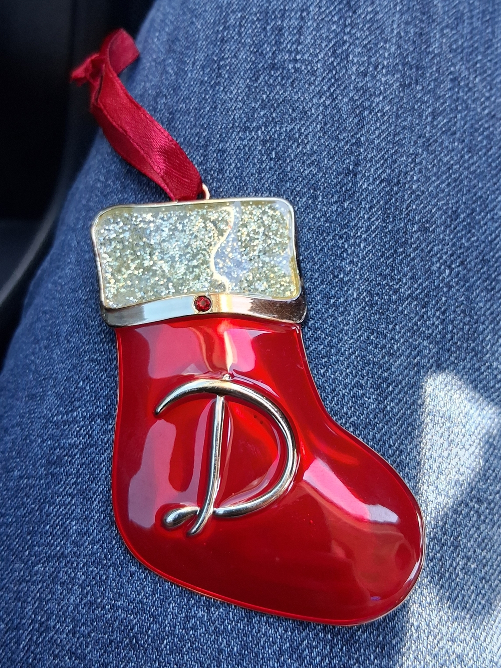 Red Stocking Key/Card Holder Pendant with Gold Initial Accent